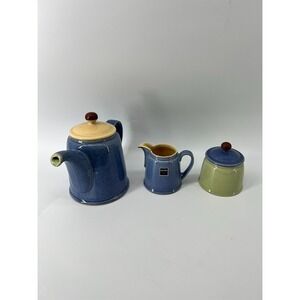 DENBY England Green & Blue Stoneware Teapot Tea Pot, Sugar, and Small Juicer